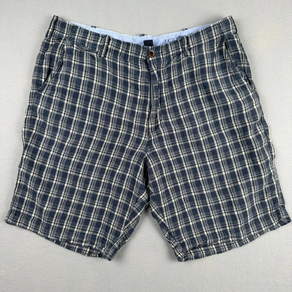 Vintage 2003-2004 J Crew Shorts Men's 38W 100% Linen Plaid Blue White Macau Y2K